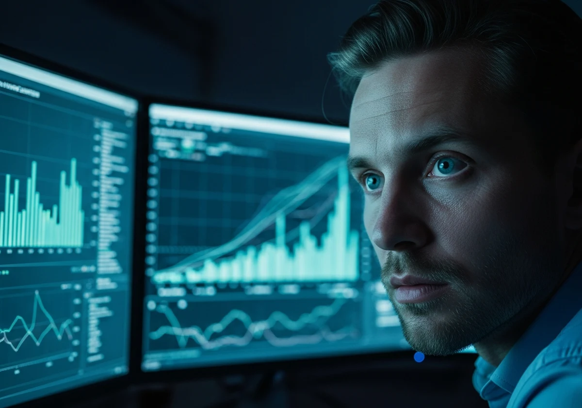 Close-up portrait of a data analyst hunched over multiple monitors, late at night, illuminated by the cold, stark light